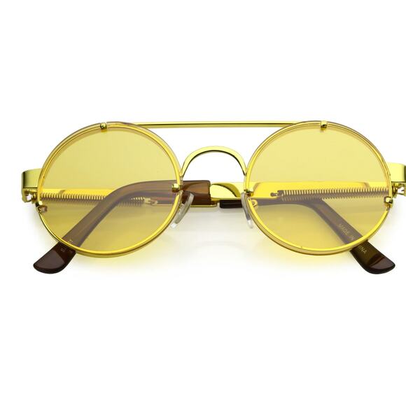 Retro Modern Steampunk Round Gold Metal Frame Yellow Mirrored Fashion Sunglasses - Picture 1 of 3